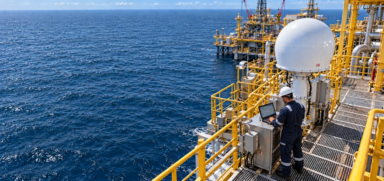 Öğle saatinde açık deniz platformunda ide VSAT anteninin yanında bilgisayarla çalışan teknisyenin temsili görüntüsü